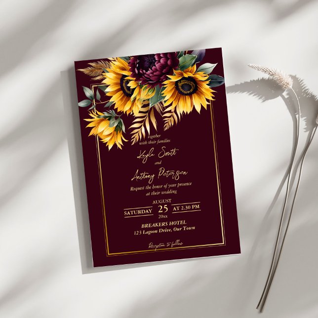 Herbst Hochzeit burgundische Sonnenblumen Einladung (Fall summer rustic burgundy sunflowers wedding invitation editable template instant download)