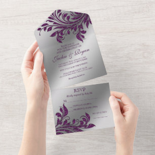 Herbst Hochzeit Glanz Blatt Lila Silber All In One Einladung
