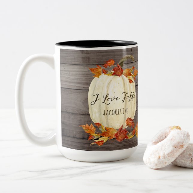 Herbst I Liebe Fall White Pumpkin Wasserfarbe Rust Zweifarbige Tasse (Mit Donut)