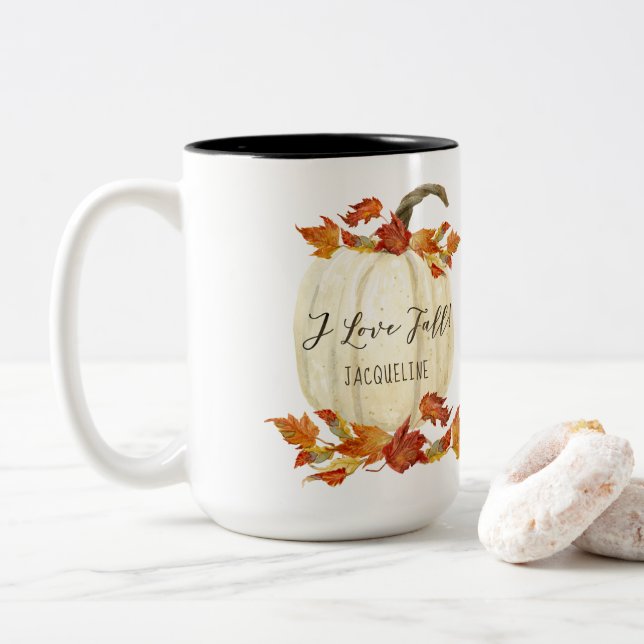Herbst I Liebe Herbst Kürbispflanzen Wasserfarbe Zweifarbige Tasse (Mit Donut)