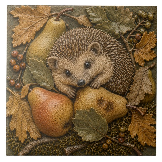 Herbst-Igel & Birnen Waldtiere  Fliese (Vorderseite)