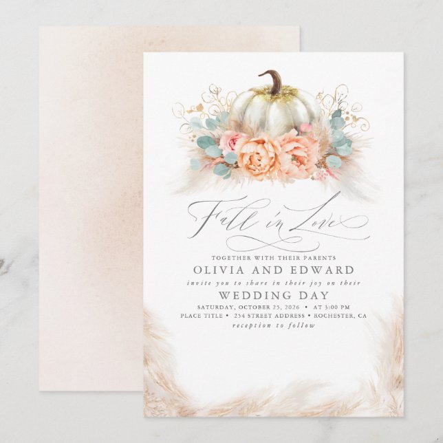 Herbst in der Liebe Elegante Orange Floral Pumpkin Einladung (Vorne/Hinten)