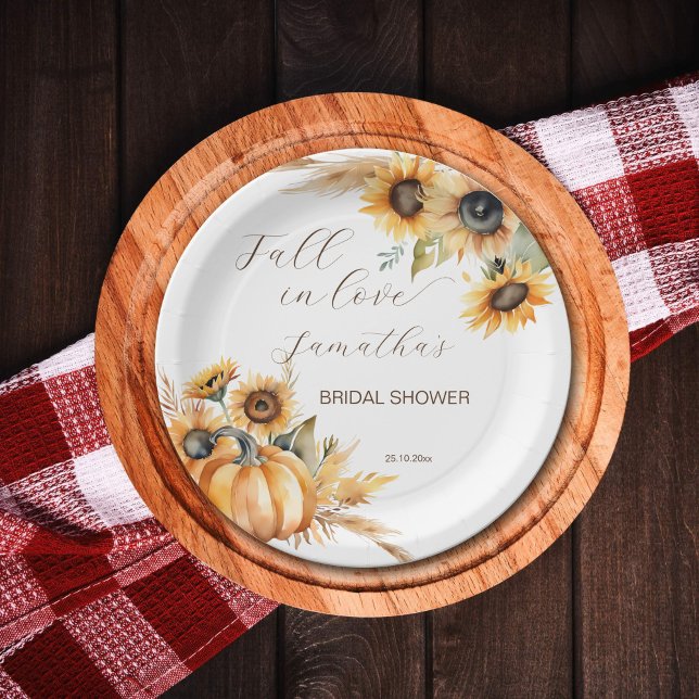 Herbst in Liebe Boho Kürbis Sonnenblumengeschirr Pappteller (Fall in love boho sunflowers pumpkin pampas grass bridal shower tableware personalized plates)