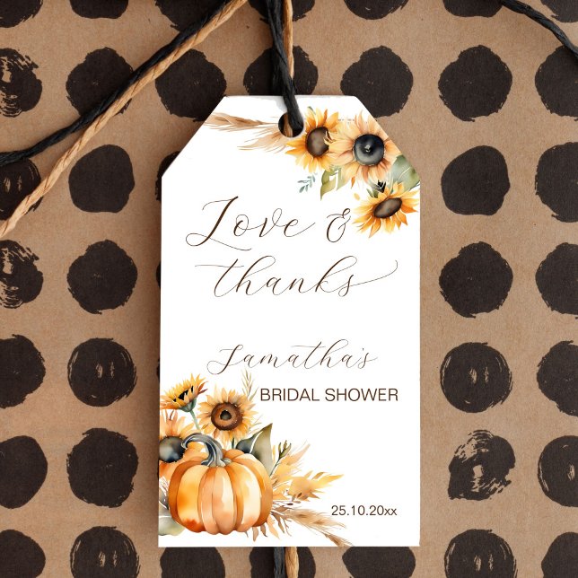 Herbst in Liebe boho Kürbissonnenblumen Gefallen Geschenkanhänger (Fall in love boho pumpkin sunflowers bridal shower favor gift tags earthy yellows pampas grass)