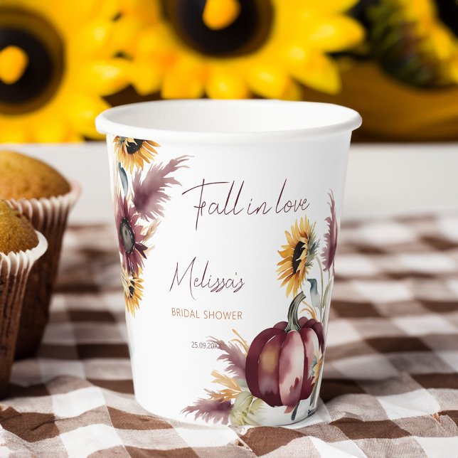 Herbst in Liebe boho Kürbissonnenblumenöl Brautpar Pappbecher (Fall in love boho pumpkin sunflowers bridal shower personalized monogram printed paper cups )