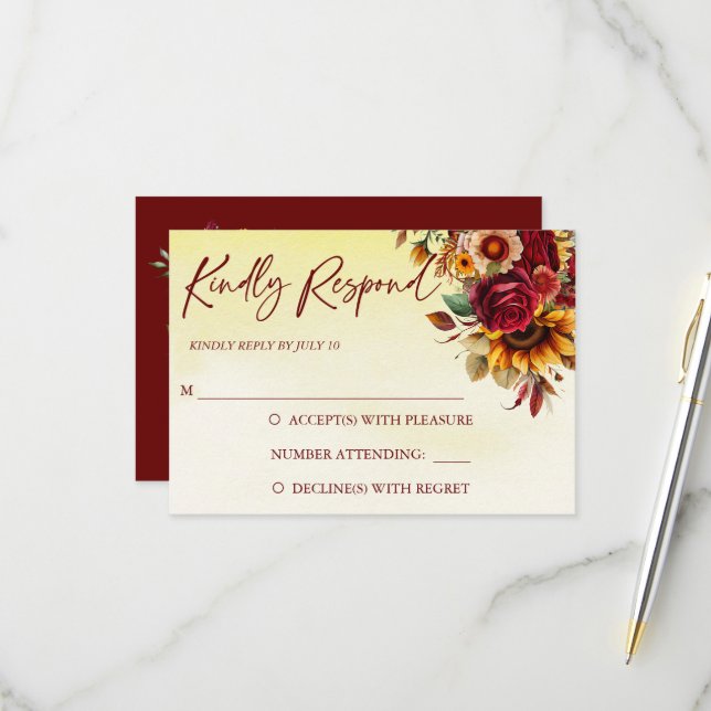 Herbst in Liebe burgundy Rose Sonnenblumen Hochzei RSVP Karte (Vorderseite/Rückseite Beispiel)
