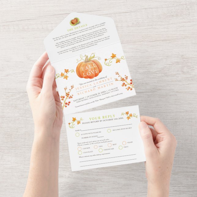 Herbst in Liebe Wasserfarbenkürbis Herbst Hochzeit All In One Einladung (Abreißen)