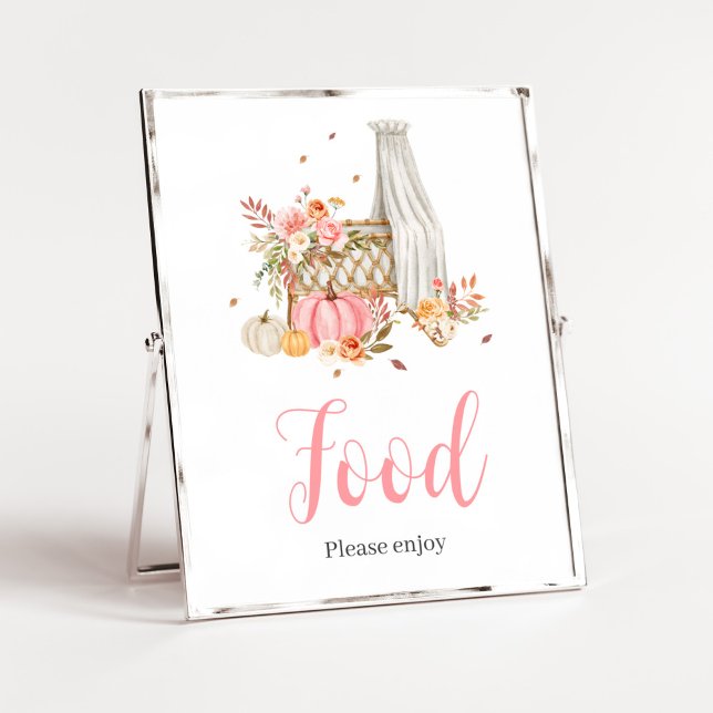 Herbst in Love Pink Pumpkin Food Baby Dusche Poster (Fall Autumn Pumpkin Baby Shower Food Sign)