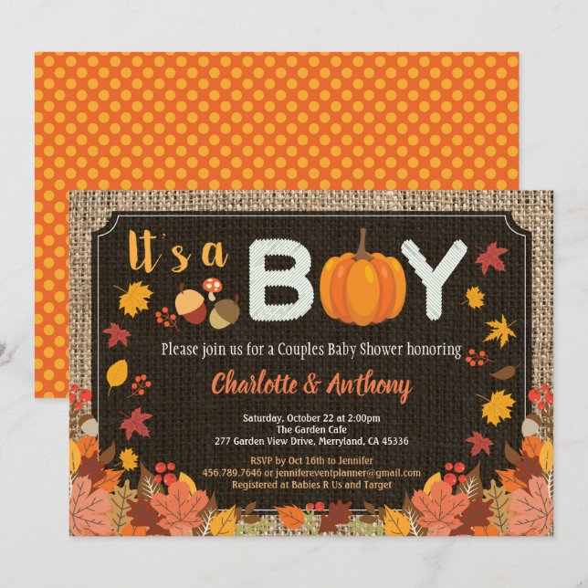Herbst ist eine junge Kürbis-Babydusche Einladung (Vorne/Hinten)