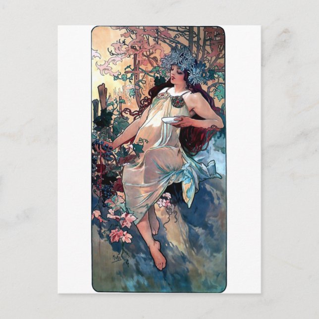 Herbst-Jugendstil-Poster aus Mucha Postkarte (Vorderseite)
