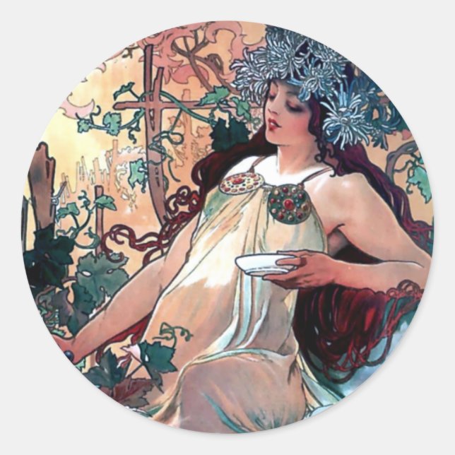 Herbst-Jugendstil-Poster aus Mucha Runder Aufkleber (Vorderseite)