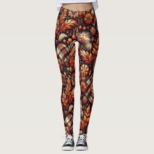 Herbst Karierte Blätter Orange Black Beige Leggings (Vorderseite)