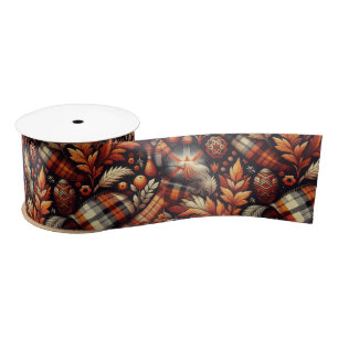 Herbst Karierte Blätter Orange Black Pattern Satinband