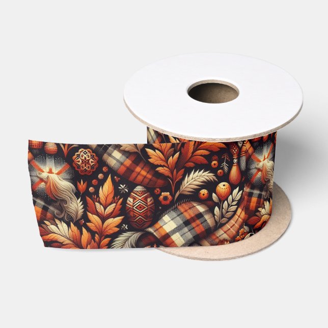 Herbst Karierte Blätter Orange Black Pattern Satinband (Spule)