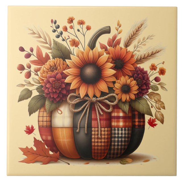 Herbst-Karo-Kürbis-Keramikfliese Fliese (Vorderseite)