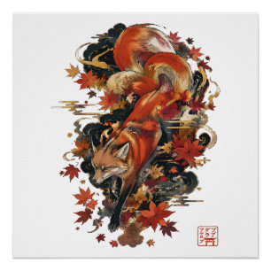 Herbst-Kitsune-Japanisches-Fuchsgeist-Design Poster