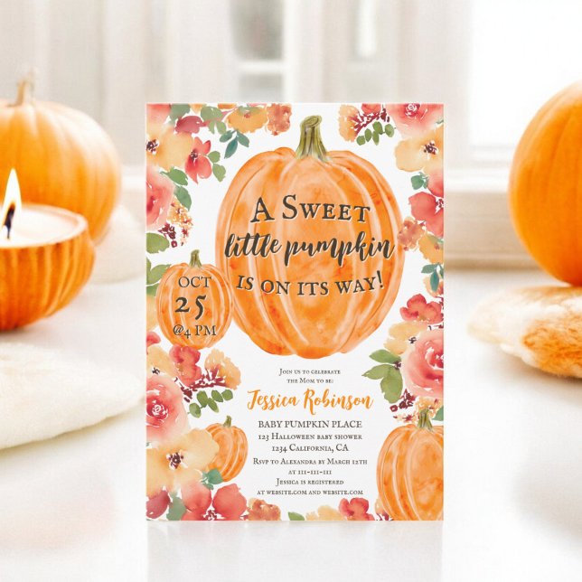 Herbst kleine Kürbis Blütendusche Einladung (Fall little pumpkin floral halloween baby shower invitation)