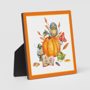 Herbst-Kürbis-Eule und Frosch  Fotoplatte