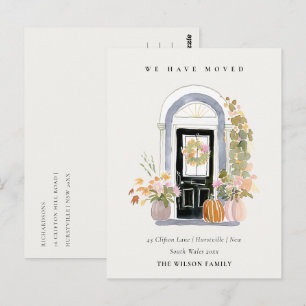 Herbst-Kürbis-Fronttür-Blumen Wir sind umgezogen K Postkarte