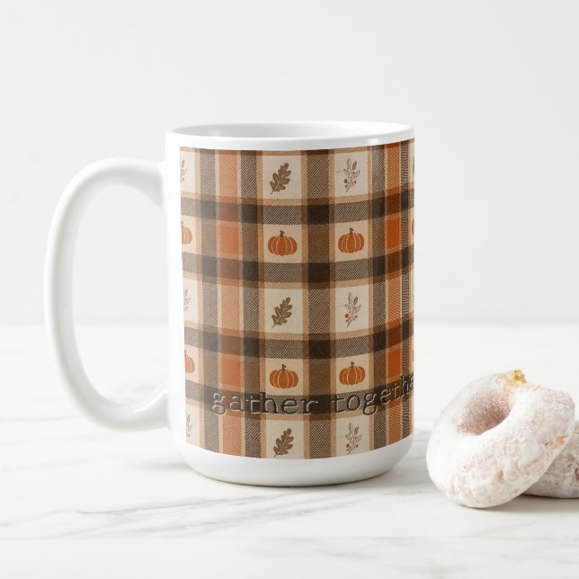 Herbst-Kürbis-Karo Kaffeetasse (Mit Donut)