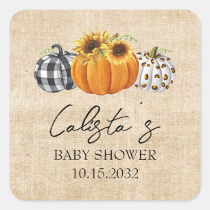 Herbst-Kürbis-Sonnenblume-Jute-Baby-Shower-Geschen Quadratischer Aufkleber