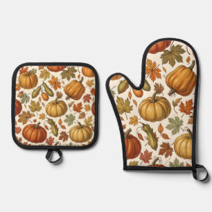Herbst-Kürbis- und Blatt-Nahtloses Muster Ofenhandschuh & Topflappen-Set