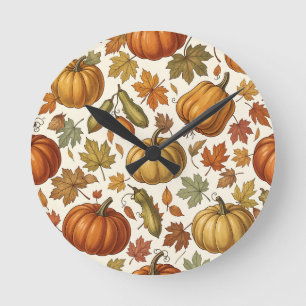 Herbst-Kürbis- und Blatt-Nahtloses Muster  Runde Wanduhr