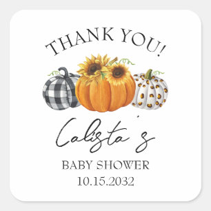 Herbst-Kürbis- und Sonnenblumen-Baby-Shower-Dankes Quadratischer Aufkleber