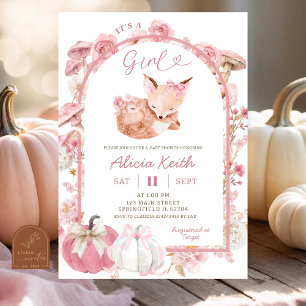 Herbst-Kürbis Weiße und Rosa Fuchs Mädchen Baby Sh Einladung