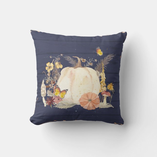 Herbst Kürbis Wildblume Navy Blue Wood Kissen (Vorderseite)