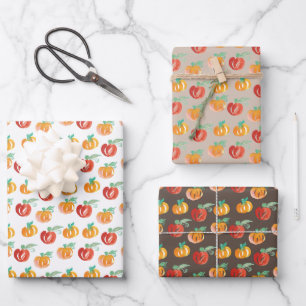 Herbst-Kürbisse handbemalt Orange Grün Geschenkpapier Set