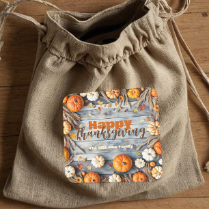 Herbst Kürbisse und Blätter auf Holz Thanksgiving Quadratischer Aufkleber