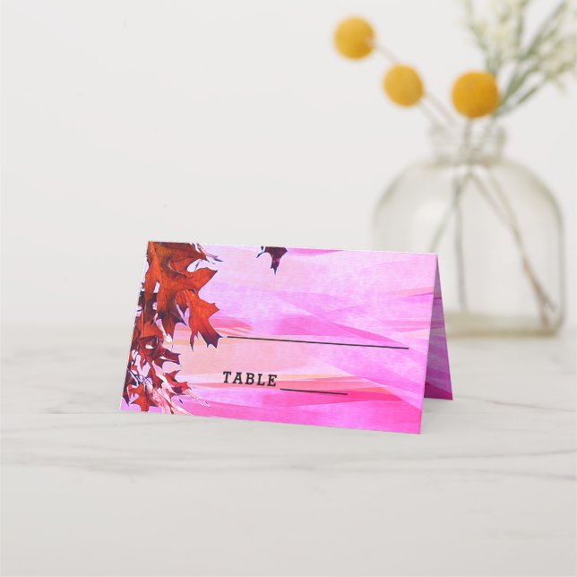 Herbst lässt Orange Pink Swirt Hochzeitstisch steh Platzkarte (Vorderseite)