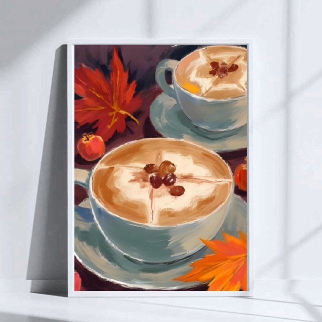 Herbst-Latte-Date | Herbstliche Kaffeeblätter Aqua Poster (Von Creator hochgeladen)