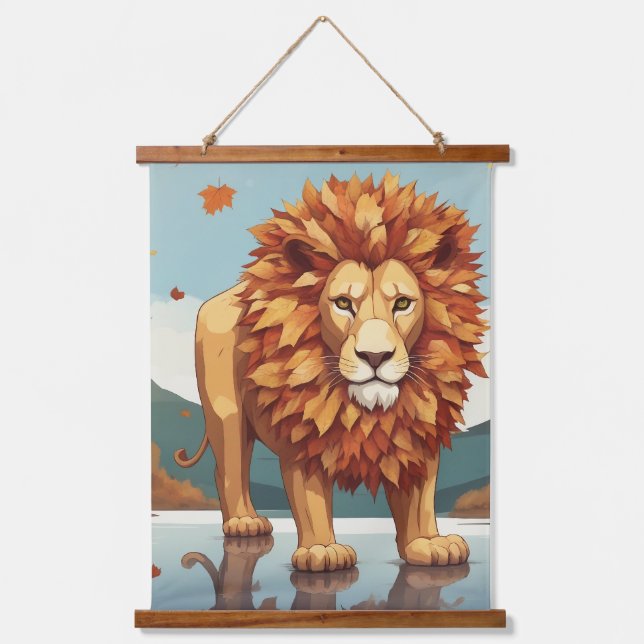 Herbst Leaves Male Lion Wandteppich Mit Holzrahmen (Vorderseite)