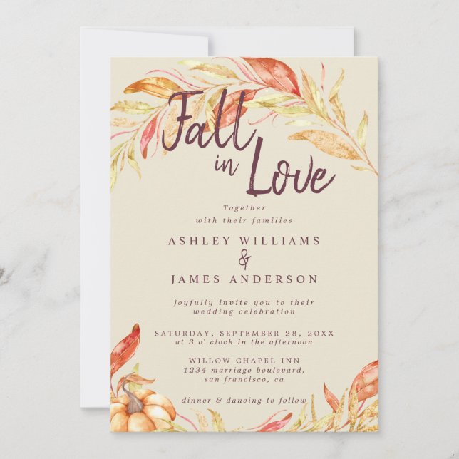 Herbst Liebe Golden Foliage Alte Weiße Hochzeit Einladung (Vorderseite)