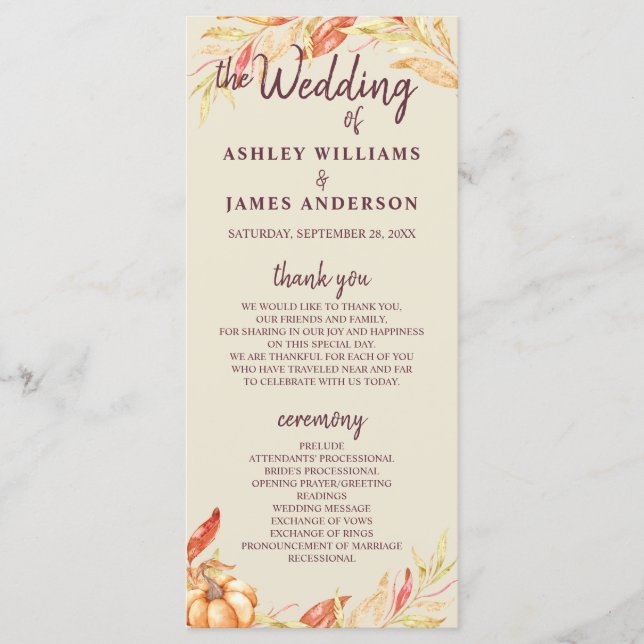 Herbst Liebe Golden Foliage Alte Weiße Hochzeit Programm (Vorderseite)