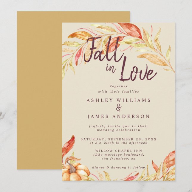 Herbst-Liebe Golden Foliage Antique Gelbe Hochzeit Einladung (Vorne/Hinten)