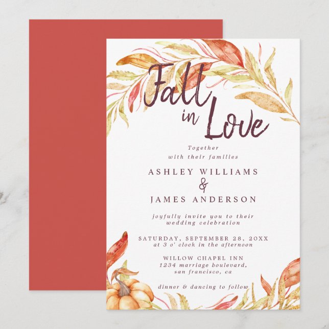 Herbst-Liebe Golden Foliage Herbst Rote Hochzeit Einladung (Vorne/Hinten)
