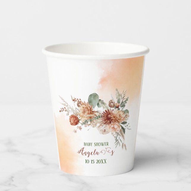 Herbst Liebe Terracotta Blume Wasserfarbene Babys Pappbecher (Rückseite)