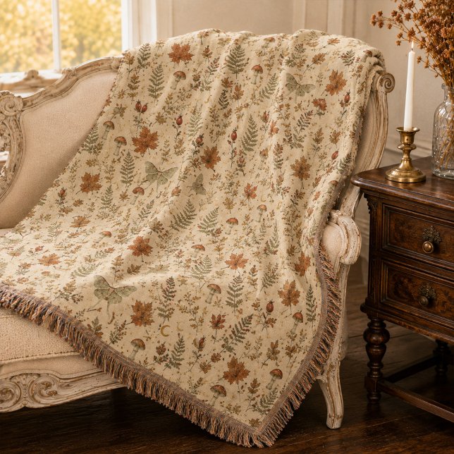 Herbst-Luna-Moth-Pilz-Hexen-Botanik  Decke (Autumn Luna Moth Mushroom Witchy Botanical Throw Blanket)