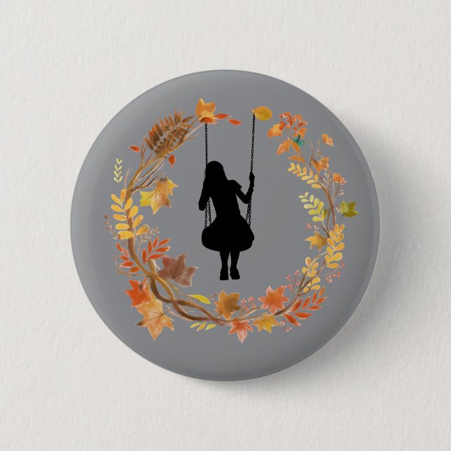 Herbst Mädchen auf Schaukel Grafik _Fallendes Blat Button (Vorderseite)
