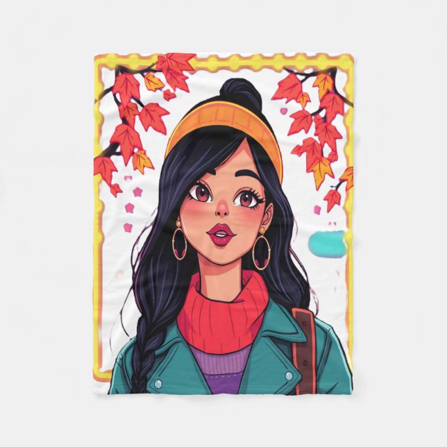 Herbst-Mädchen-Kunst-Fliesblanket – Kuschelig und  Fleecedecke (Vorderseite)