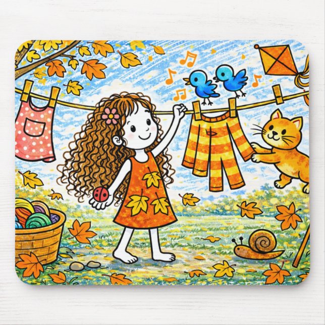 Herbst Mädchen Wäscheleine Katzen-Mauspad Mousepad (Vorne)