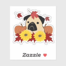 Herbst-Mops mit Blätter, Pumpkins und Sonnenblumen