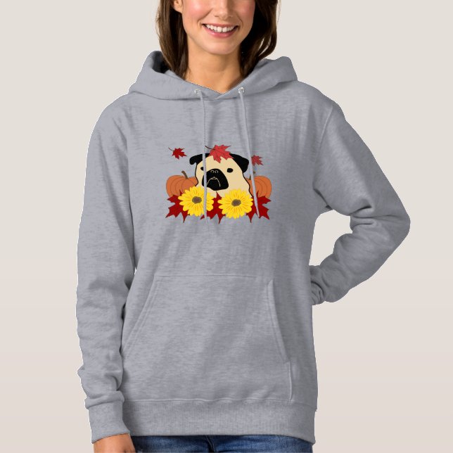 Herbst-Mops mit Blätter, Pumpkins und Sonnenblumen Hoodie (Vorderseite)
