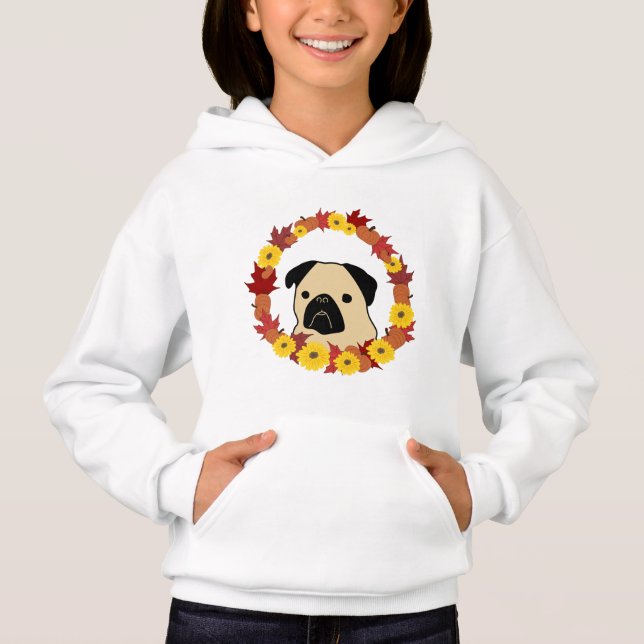 Herbst-Mops mit Blätter, Pumpkins und Sonnenblumen Hoodie (Vorderseite)