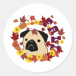 Herbst-Mops mit Blätter, Pumpkins und Sonnenblumen Runder Aufkleber