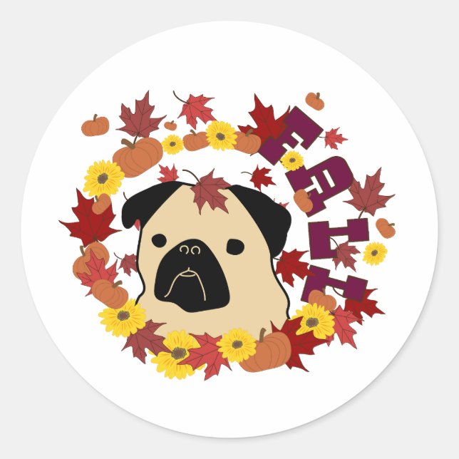 Herbst-Mops mit Blätter, Pumpkins und Sonnenblumen Runder Aufkleber (Vorderseite)