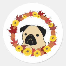 Herbst-Mops mit Blätter, Pumpkins und Sonnenblumen Runder Aufkleber